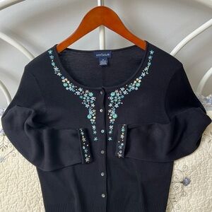 Black Ann Taylor Cardigan, Medium with Floral Embroidery